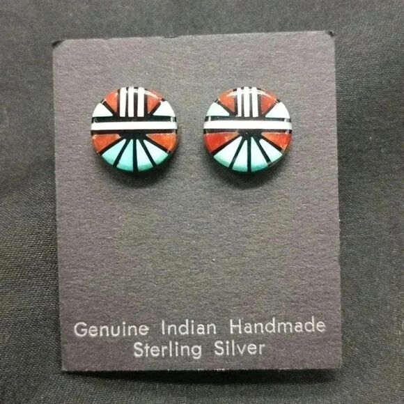 Sterling Native American Zuni Inlay Stud Earrings - Picture 1 of 4